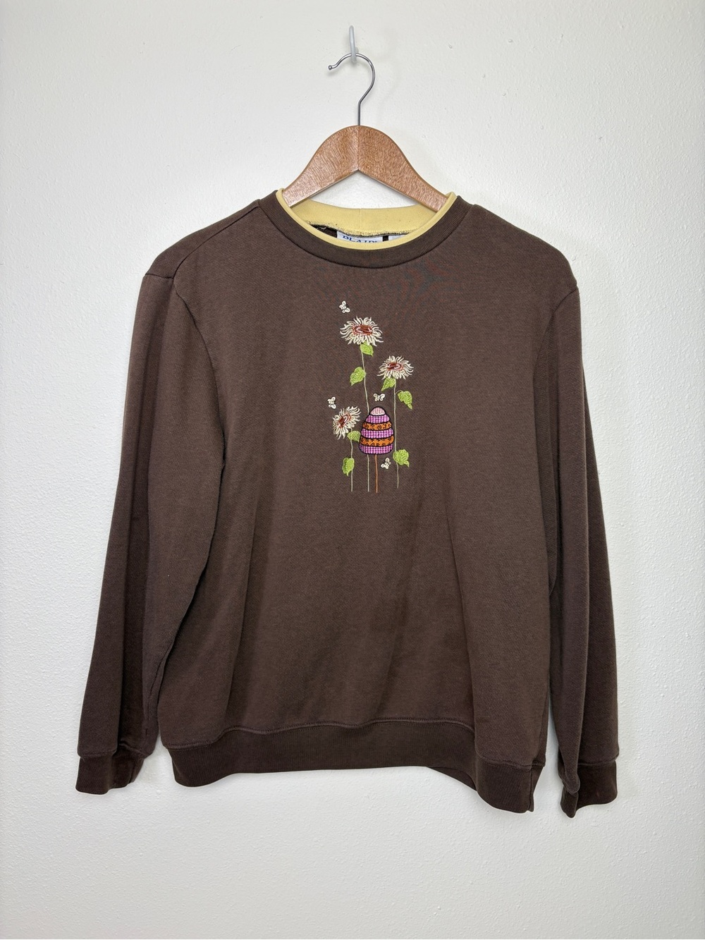 Brown Crewneck Sweater with Floral Embroidery Grandmacore Cozy Fall
